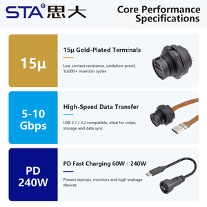 Conector <span class=keywords><strong>USB</strong></span> Tipo <span class=keywords><strong>C</strong></span> Gen3.0 3.1 a Prueba de Agua IP67/IP68, Conector de Bayoneta Industrial para Exteriores, Cable de Extensión Sobremoldeado de 0.3, 0.5 y 1 Metro - Product Image 6