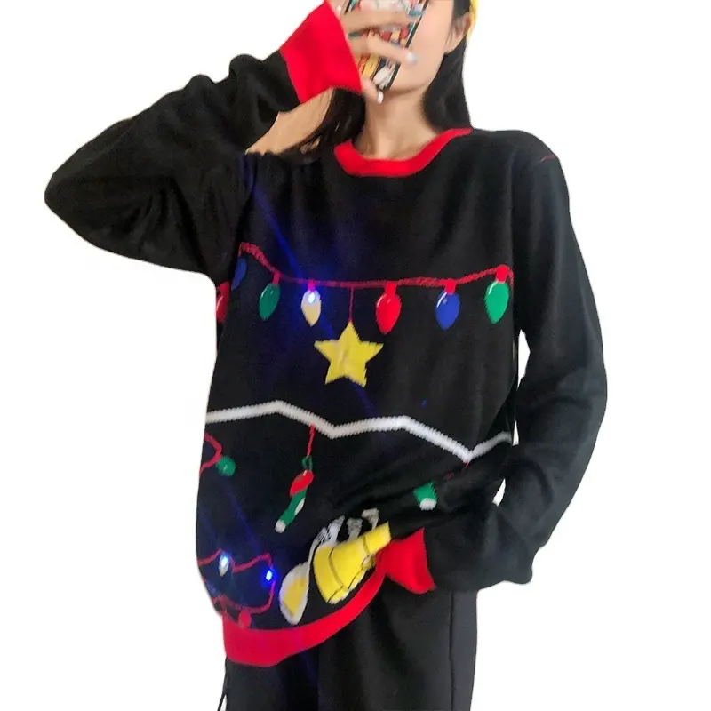 Wholesale New Star Led Lighting Christmas Pattern Knit Jumper Sweater Women's Loose Style