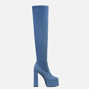 Stretch Denim Women Thigh High Elastic <b>Boots</b> Platform Over Knee Long Booties Square Toe Ladies Chunky Heels Shoes - Product Image 6