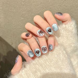 10 Uñas Postizas Hechas a Mano, Color Azul Claro-Marrón con Lazo, Dulces y Vibrantes, Estilo Fantasía, Perfectas para Regalar a Chicas y Amigas - Product Image 1