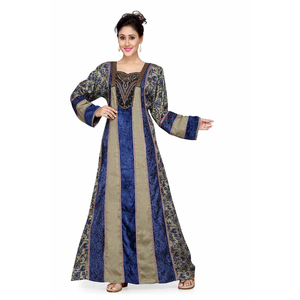 Blue Grey Designer Kaftan with Fabric Mix N <b>Match</b> Jalabiya Elegant Printed Panel Design Stylish Modest Wear for Women - Product Image 1