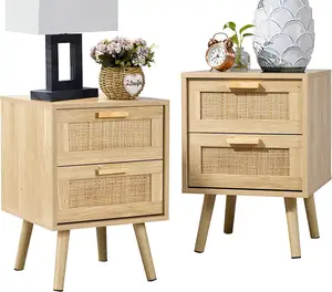 2 sets rattan Sofa Bedside Table Nightstand Unit modern with 2 Hand Made Rattan Decorated Drawers