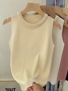 Vente chaude 2025 femmes printemps été nouvelle mode décontracté maillot <span class=keywords><strong>de</strong></span> <span class=keywords><strong>corps</strong></span> hauts col rond <span class=keywords><strong>tricot</strong></span>é gilet perle sans manches vêtement hauts - Product Image 5
