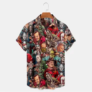 2023夏季新款男式衬衫3D印花恐怖图案夏威夷时装设计师男式恐怖衬衫电影印花3XL上衣