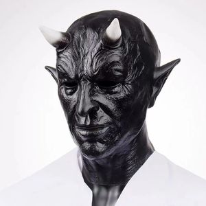 Topeng Cosplay Mephistopheles, topeng tanduk iblis, helm lateks pembunuh iblis, topeng karnaval pesta Halloween, properti kostum