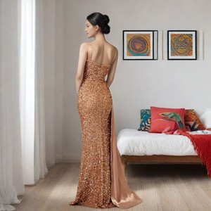 Vestido de noche de sirena con lentejuelas doradas, espalda descubierta, cintura natural, vestido largo para banquete - Product Image 3