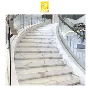 博腾石豪华现代大理石瓷砖楼梯踏板和立管白色大理石楼梯设计