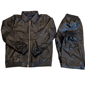 Ensemble de survêtement en cuir véritable de haute qualité pour homme, veste de jogging et pantalon en cuir véritable de couleur noire - Product Image 1