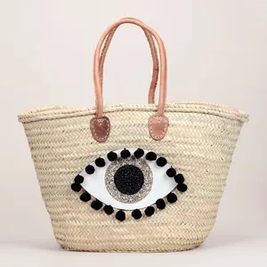 Bohemian Wedding Bridesmaid Leather Handle Handmade Woven Old Straw Evil Eye Beach Bag Fashion