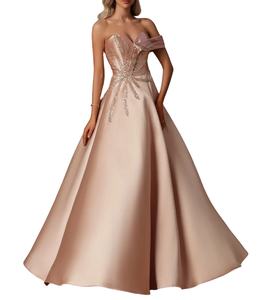 فستان سهرة فاخر للنساء من الساتان بتصميم مكشوف الكتفين مع تطريز بالترتر والخرز على شكل حرف A طويل للحفلات الرسمية صديق للبيئة - Product Image 1