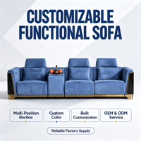 Canapé inclinable électrique de luxe 3 places avec table console, porte-gobelets, USB, velours bleu, finition dorée