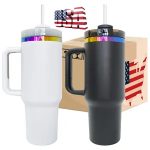 Outdoor Sport Powder Coated Stainless Steel Black White Holographic 40oz Insulated Rainbow Plated Coffee Mug Tumbler With Handle