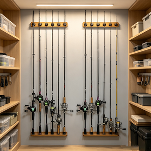 Organisateur de garage en bois massif, <span class=keywords><strong>support</strong></span> mural/<span class=keywords><strong>plafond</strong></span> pour 12 cannes à pêche, pour usage domestique, supports en bois pour cannes à pêche - Product Image 1