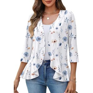 Women's Floral Print 3/4 Sleeve Lightweight <b>Cardigan</b> Open Front Draped Ruffles Kimono Coverup Casual Summer Top - Product Image 1