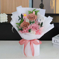 Bouquet de roses éternelles à 3 têtes avec adorable ours en peluche, cadeau floral longue durée pour les fêtes, vente en gros