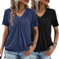 Camisetas de Manga Corta con Cuello en V para Mujer, BSCI, Ropa de Playa para Verano/Primavera 2026, Estilo Casual, Holgada y Fruncida