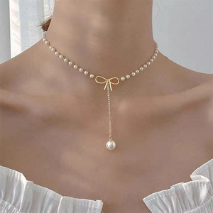 BINSHUO <span class=keywords><strong>Pretty</strong></span> Pearl Bow Tie Collar Exquisito Borla Perla Colgante Collar para Mujer - Product Image 3