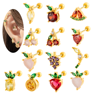 Hengsen Boucle d'oreille à visser en acier inoxydable multicolore avec zircons cubiques en forme de fruits pour <span class=keywords><strong>piercing</strong></span> de cartilage, conque, tragus, hélix pour femme - Product Image 1