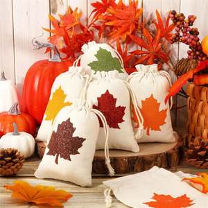 Sac de friandises d'automne en gros - 10*14cm Sac à friandises en coton avec paillettes en forme de feuille, étiquette en forme de feuille, sac en coton d'automne pour fête de Thanksgiving - Product Image 6