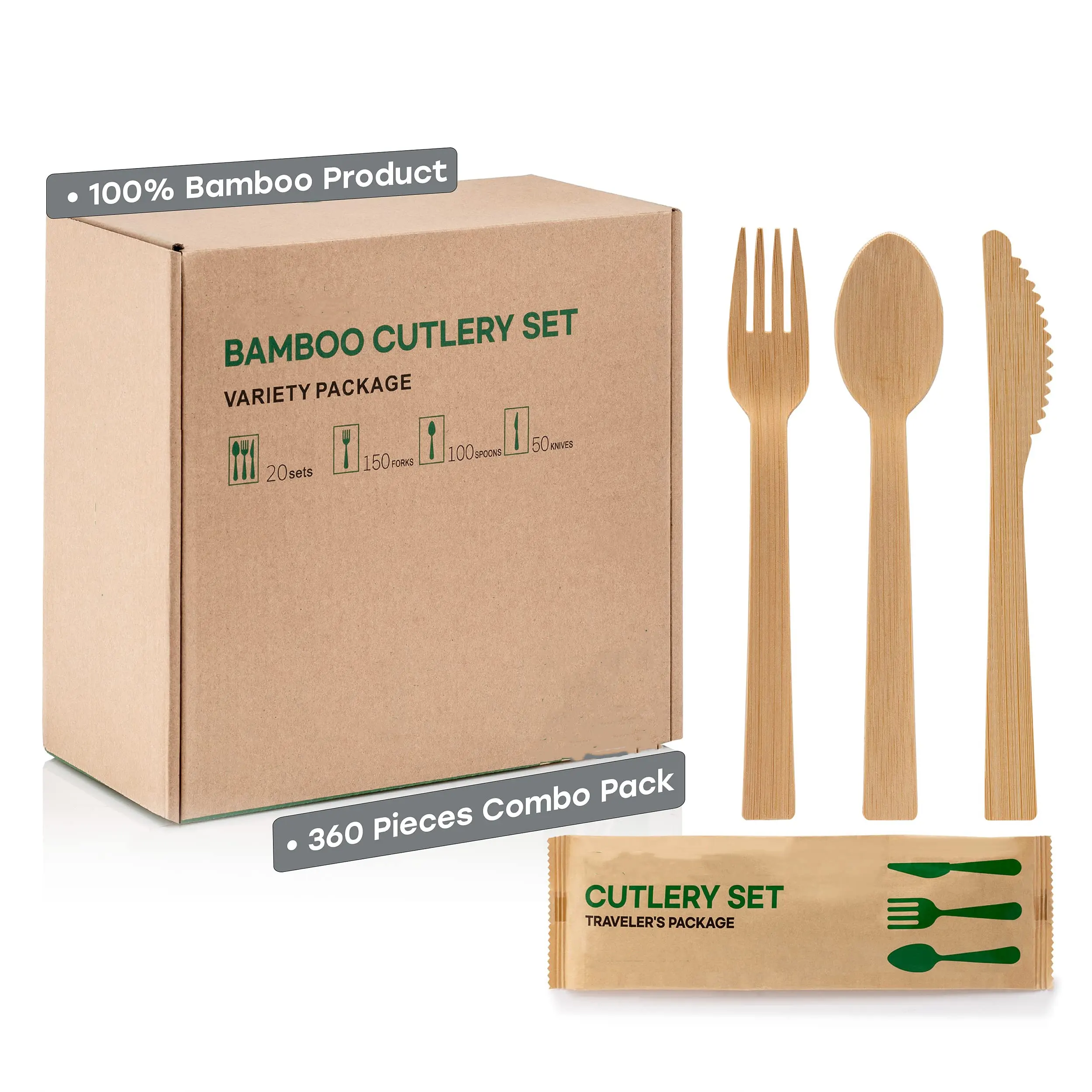 ECOLIFE 100% Compostable Bambu Talheres Set Utensílios Descartáveis para o Partido Camping Biodegradável Embalados Talheres Talheres Set