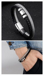 Bracelet unisexe en cuir avec boucle magnétique, chaîne tressée simple en acier inoxydable plaqué argent - Product Image 2