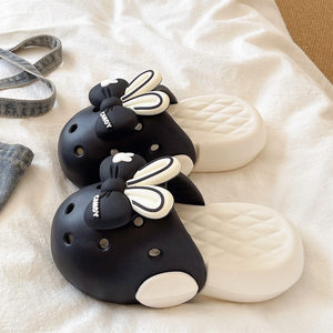 Sabots mignons à oreilles de lapin et nœud de dessin animé, semelle épaisse, chaussures nuages douces, antidérapantes, pantoufles fermées pour femmes, pour l'extérieur en été - Product Image 6