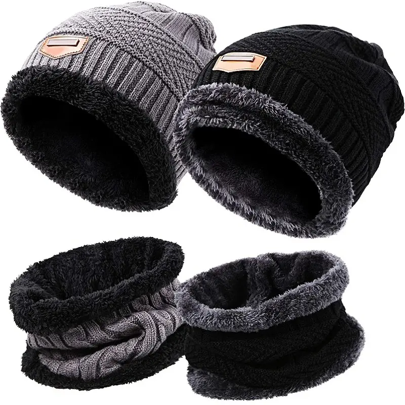 Warm Knit Hat Thick Fleece Lined Winter Cap Neck Warmer Men and Women Winter Beanie Hat Scarf Set
