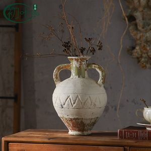 Jarrón de cerámica rústico con asas, maceta decorativa hecha a mano para sala de estar, arreglo de flores secas, estilo vintage - Product Image 4