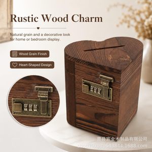 Hucha de madera con forma de corazón, caja de almacenamiento de monedas con cerradura, tarro decorativo para dinero, para habitación de niños, dormitorio, escritorio de oficina - Product Image 3