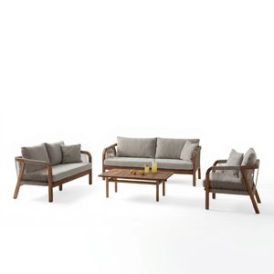 Modern Solid <b>Wood</b> Frame Cushioned 4-Seater Outdoor <b>Garden</b> Sofa Set with Rope Side <b>Table</b> for Courtyard Balcony Terrace - Product Image 1