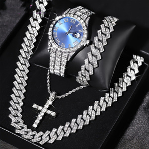 Montre à quartz en acier inoxydable pour homme, ensemble de bijoux tendance hip-hop, bracelet chaîne cubaine, collier, cadeau, aiguilles en verre – Vente chaude - Product Image 3
