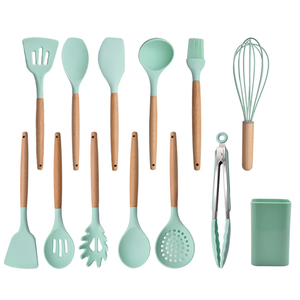 wholesale 12 pieces Non-Stick kitchen silicone cooking utensils set with wooden handle plastic stand