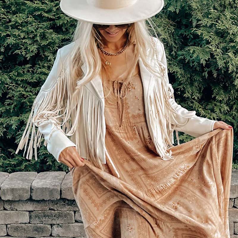 White Faux Suede Leather Fringe Jacket Tassel Coat