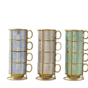 Taza de Porcelana Estilo Europeo con Soporte de Hierro, Diseño Galvanizado, Apilable, Apta para Microondas, Ecológica, para Almacenamiento; Set de Regalo - Product Image 3