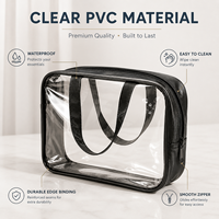 Pochette de maquillage transparente en PU PVC avec bordure noire, étanche, trousse de toilette de voyage, pochette de rangement cosmétique portable avec fermeture éclair