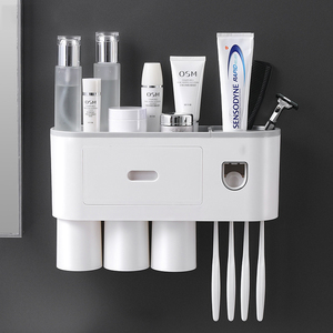 Plastic Automatic Toothpaste Dispenser 3 Cup Magnetic Wall Mount Toothbrush Holder