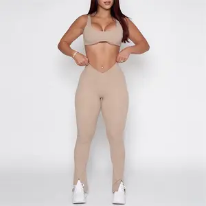 New Arrival Nude Hot Sexy Gym Set High Waist Scrunch Super Soft Leggings 2 Pieces Sets For Women
