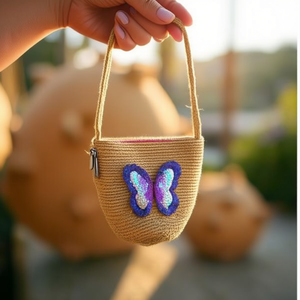 Bolso pequeño tejido de hierba de 12x14cm con diseño de mariposa con lentejuelas para niños - Product Image 3