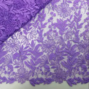African Style Plain Color Tissue Cord Guipure Lace Fabric with Rhinestone Water Soluble for Party Dresses