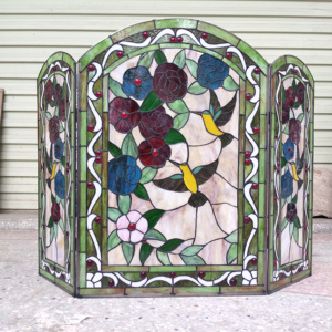 Paravent de cheminée en vitrail, 3 panneaux, motif floral, verre décoratif traditionnel, pour salon, autoportant, forme cathédrale - Product Image 4