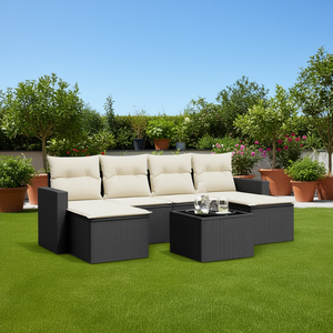 Black Rattan Garden <b>Sofa</b> <b>Set</b> With Cream Cushions Outdoor Furniture Contemporary Design Waterproof UV Resistant PE Wicker - Product Image 2