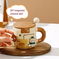 Ensemble de tasses en céramique en grès de 400 ml avec motif de dessin animé mignon, avec couvercle et paille, pour boissons chaudes/froides, réutilisables, sans danger pour les aliments