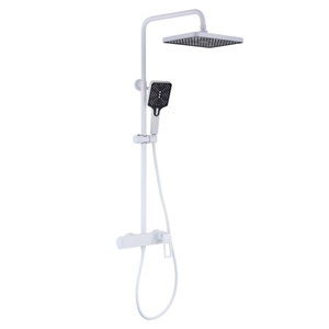 <span class=keywords><strong>Ensemble</strong></span> de douche carré moderne blanc 22X07 <span class=keywords><strong>avec</strong></span> pommeau de pluie, 3 sorties, système mural apparent pour salle de bain, barre coulissante en laiton brossé - Product Image 1