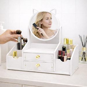 Multifunctional Wood Luxury White Round Mirror Nordic Cosmetic <b>Storage</b> <b>Box</b> <b>Makeup</b> Organizer with Mirror - Product Image 5