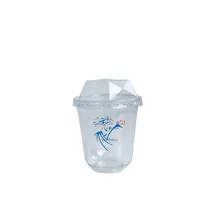 Custom 400Ml Blauw & Oranje Logo Gedrukt Recyclebaar U-Shape Pet Clear Plastic Cup Met Diamant Gesneden Deksel Voor Milkshake Thee