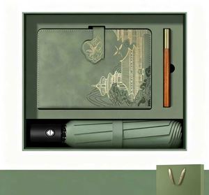<b>Green</b> Notebook Umbrella and <b>Pen</b> Gift Set with Custom Logo Box for Corporate Events and Bulk Business Orders - Product Image 1