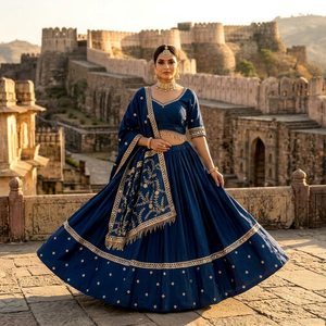 Ensemble Lehenga Choli indien traditionnel bleu en coton brodé, longueur ras du sol, coupe classique, pour femme, tenue de mariage, anti-humidité - Product Image 1