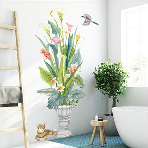 สติกเกอร์ติดผนังรูปนกและ<span class=keywords><strong>แมว</strong></span>,วอลล์เปเปอร์ลายดอกไม้สีสันสดใสพร้อมใบไม้สีเขียวสำหรับตกแต่งบ้านห้องนั่งเล่นห้องนอน - Product Image 5