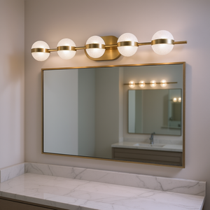 Luminaire de salle de bain moderne et minimaliste de 35 pouces, LED à 5 ampoules, montage mural, finition or brossé, abat-jour en acrylique, blanc chaud - Product Image 2