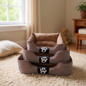 Cuccia Quadrata per Animali Domestici in Tessuto di Cotone a Righe e Peluche, Colore Marrone - Product Image 3